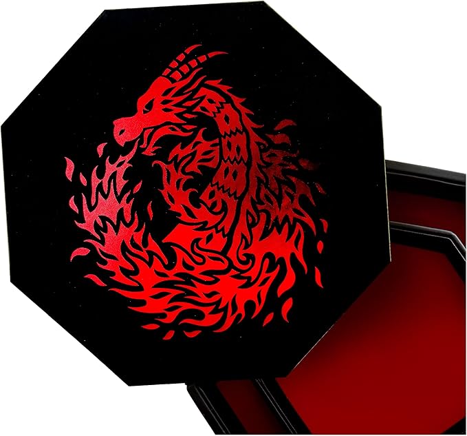 Red Fire Dragon Dice Tray with Lid – 9" Octagon with Dice Staging Area, Holds 5 Dice Sets – Ideal for Tabletop RPGs