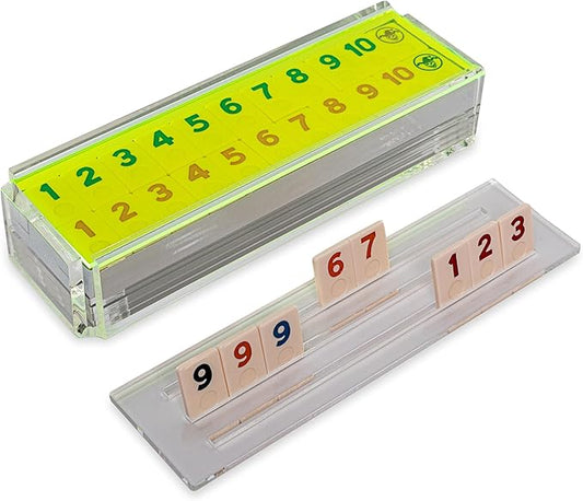 Luxury Rummy Tile Set Game in Handmade Acrylic Case with 4 Racks Included (Neon Green)