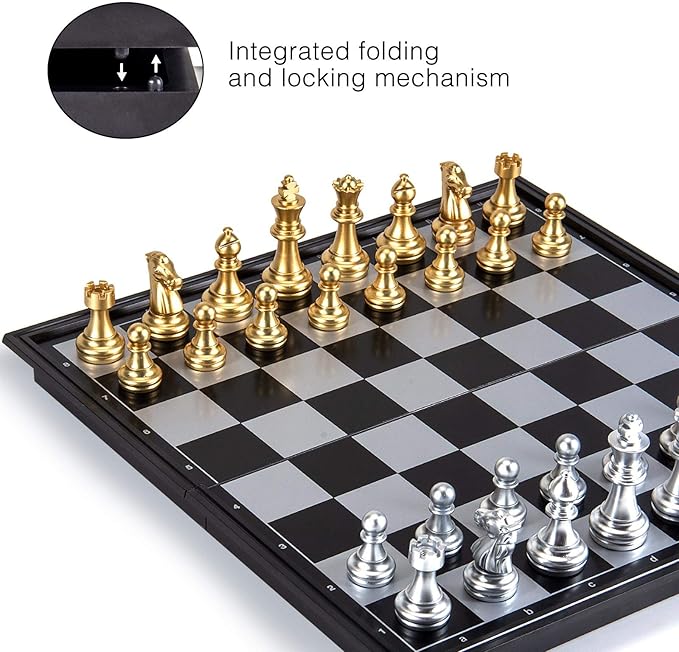AMEROUS 10'' Magetic Travel Chess Set, Plastic Portable Folding Chess Board Game with Gold and Silver Chess Pieces - 2 Extra Queens - Chess for Beginner, Kids, Adults