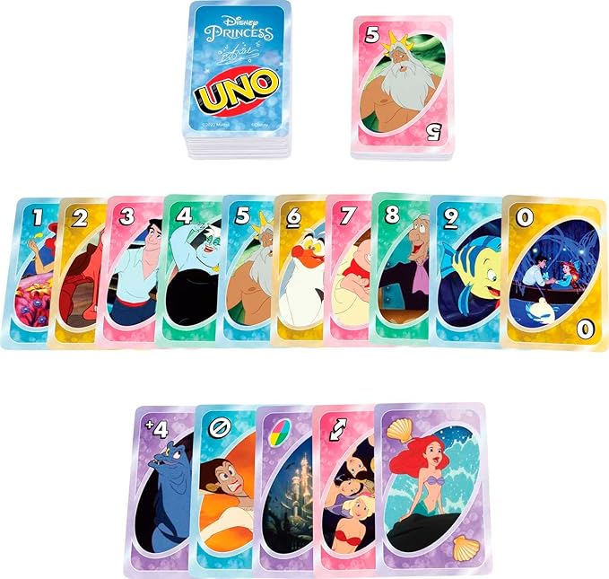 Mattel Games UNO Disney Princess The Little Mermaid Card Game for Family Night Featuring Movie Themed Graphics for 2-10 Players
