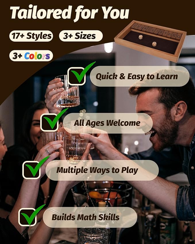 12 Numbers Shut The Box Game, Math Dice Board Game for Family Night Classroom Travel, Wooden Classic Table for Group Kid Adult Senior, Travel Party Bar, Easy Quick and Fun, Portable Style