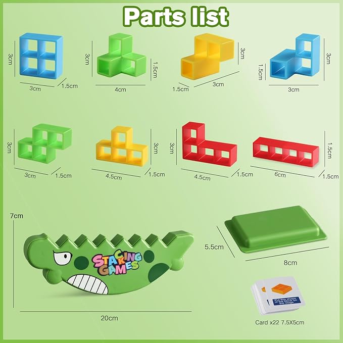Stacking Balance Game for Kids & Adults - 3D Colorful Dinosaur Blocks 48PCS, Fine Motor Skill Development Toy, Retro Block Puzzle-Inspired Board Game, Gift for Ages 3+
