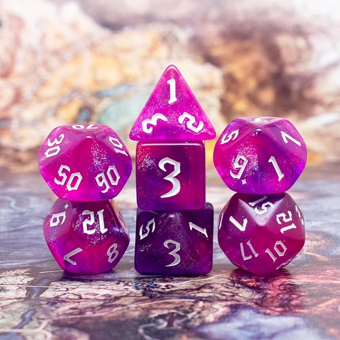 DND Dice Set with Dragon Totem Metal Gife Case, Dungeons and Dragons Dice Set,Polyhedral Dice Set Filled with Shiny Glitters,Role Playing Games and Tabletop Games (Purple&Pink)