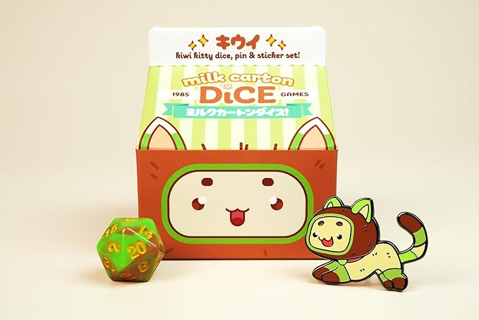 1985 Games Kiwi Kawaii Cat Dice Set – Milk Carton-Inspired Dice for DND | TTRPGs & Tabletop Roleplaying