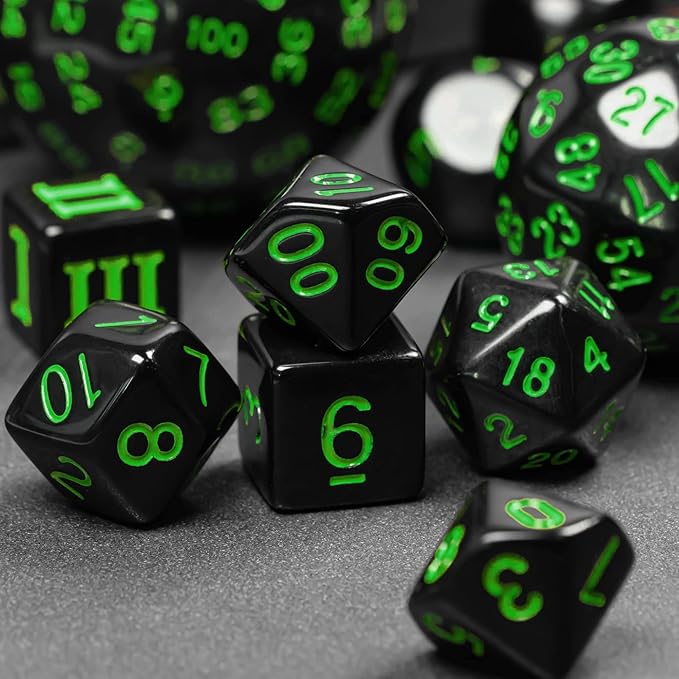 15 Pieces Complete Polyhedral DND Dice Set D3-D100 Spherical D&D Dice Set with Dragon Eye Dice Bag, D100 Dice for Dungeons and Dragons, RPG, MTG Table Games(Black w/Green Numbers)