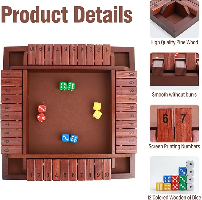MerryPony Shut The Box 4 Player Wooden Board Game - 12 Inch With 10 Numbers and 12 Dice, Classic Family Tabletop Math Game for Adults & Kids, Pub Classroom Party
