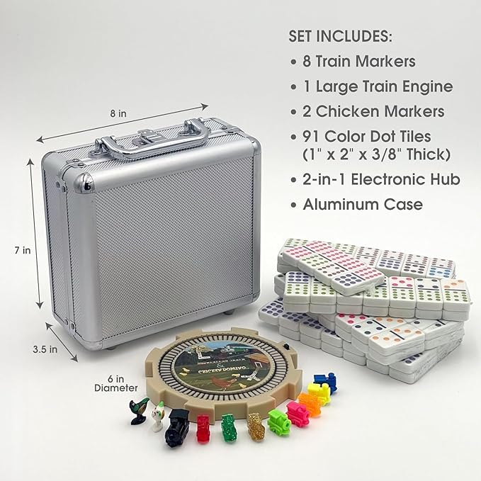 CHH Mexican Train & Chicken Domino Set – Professional Set of 91 Double 12 Dominoes Aluminum Case – Interactive Hub with Sounds