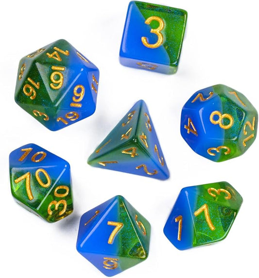 UDIXI 7PCS Glitter Polyhedral Dice Set D&D, Resin DND Dice for Dungeons and Dragons,Other Table Games （Blue and Green）