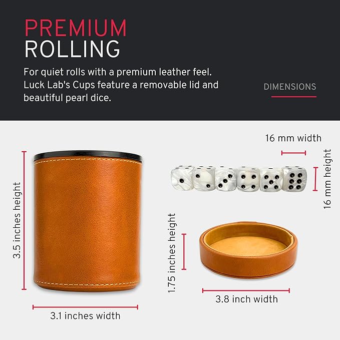 Luck Lab Brown Leather Dice Cup with Lid Including 6 Matching Pearl Dice - Tan Velvet Interior for Quiet Shaking - Use for Liars Dice Farkle Yahtzee Board Games