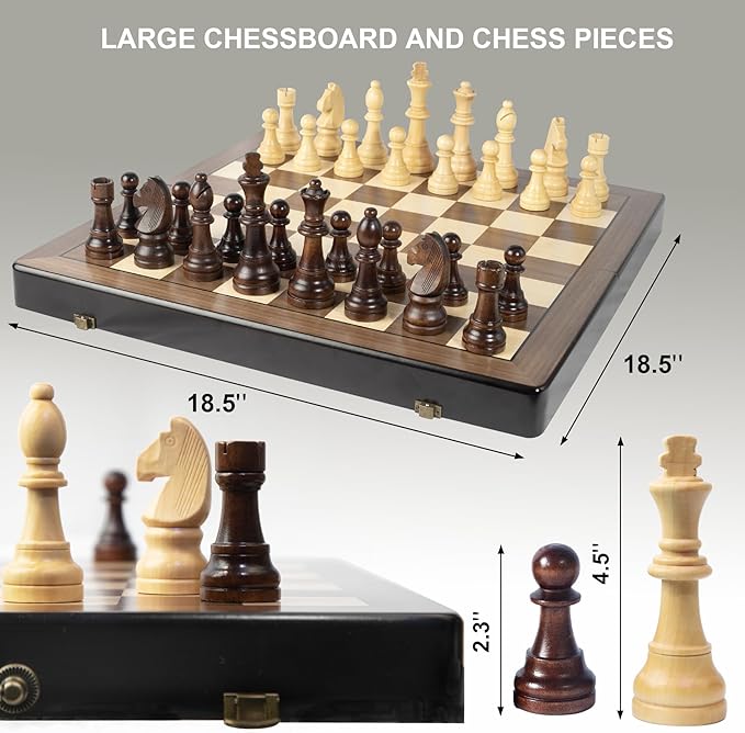 18.5 Inch Wooden Chess Set with Handle,Chess Sets for Adults Kids Portable Folding Board Games with 4.5" King and 2 Extra Queens Handmade Large Pieces with Storage Slots