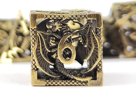 Hollow Dragon Metal Dice,Unique Dungeons and Dragons Polyhedral Dice Set for D&D TRPG,MTG,Pathfinder,Table Board Roll Playing Games D4 D6 D8 D10 D% D12 D20 (Brass)