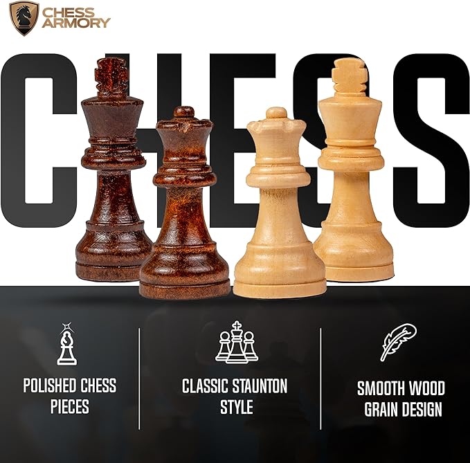 Chess Armory Wooden Chess Set 15 Inch - Premium Beech Wood Handcrafted Game Board for Adults and Kids with Extra Queen Pieces and Storage Box - Ideal for Home and Travel - Non-Magnetic