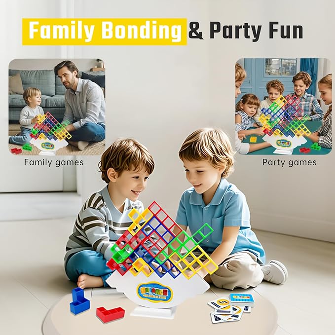 48Pcs Tower Stack Game, Tetra Tower Balance Stacking Blocks with 22 Gameplay Cards, Eco-Friendly Family Board Game for Kids & Adults, Creative STEM Learning Toy for Indoor/Outdoor Fun