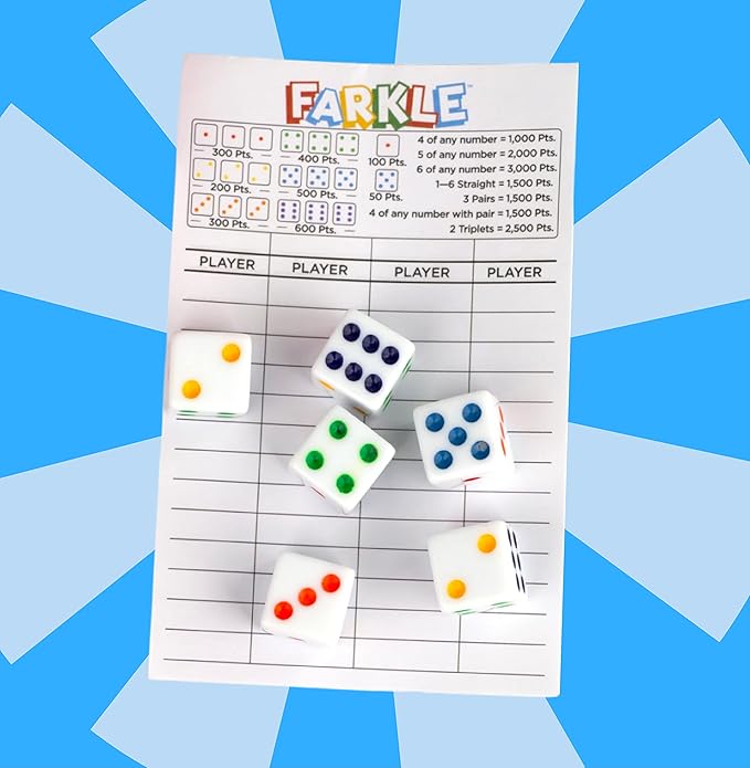 Regal Games - Farkle Classic Dice Game w/ 6 Colored Dice, 1 Convenient Dice Cup for Easy Shaking, and 25 Score Sheets - Fun Family Game for Travel, Camp, and More - Ideal for 2-4 Players (Ages 12+)