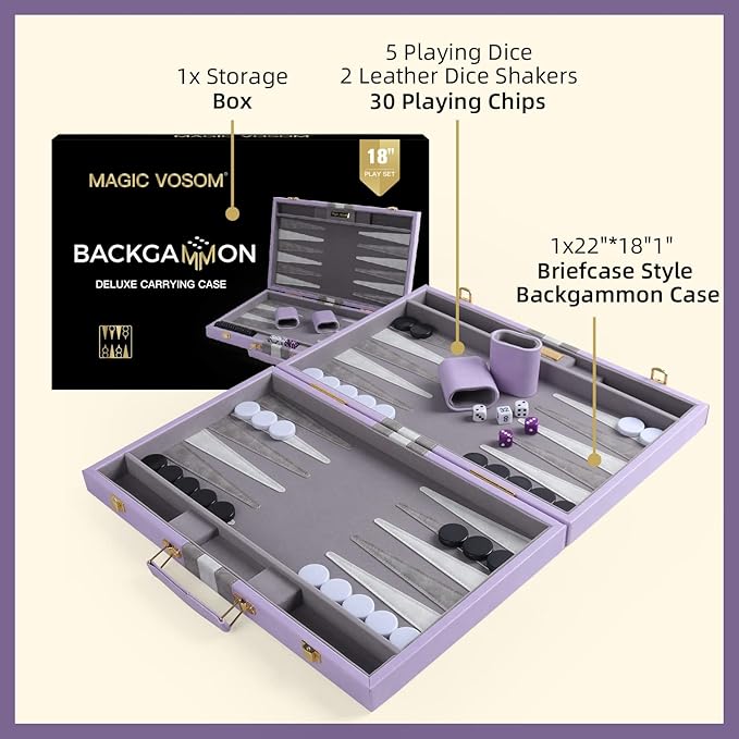 Travel Large 18 Inch Backgammon Set Classic Board Game with Leather Make Board Gift Package, Portable Strategy Game Set for Adults, Kids (Purple, Large)