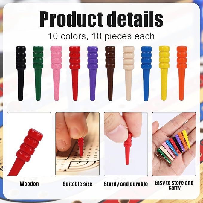 100pcs Cribbage Pegs, Wooden Cribbage Board Pins Fit 1/8 Inch Holes Replacement Tapered Game Pegs for Traditional Cribbage Board Game Accessories (10 Colors)