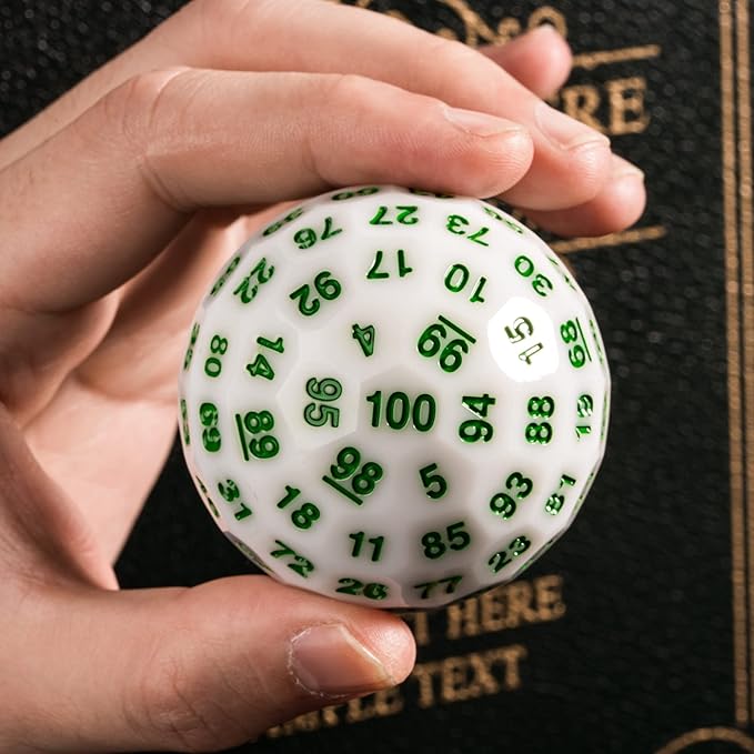 Upgraded D100 Die - 100 Sided Polyhedral Dice 50mm for D&D Games - Single Cube With Metal Storage Tin (White/Green Font)