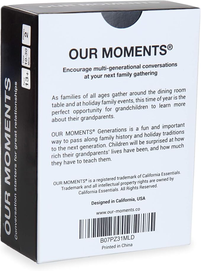 OUR MOMENTS Generations Game: 100 Conversation Starters for Grandparents & Grandchildren, Portable Cardstock Tabletop Game for Family Dinner, Car, Camping, Road Trip