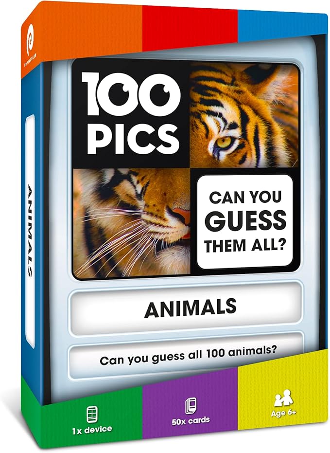 100 PICS Animals Travel Game - Guess 100 Animals | Flash Cards with Slide Reveal Case | Card Game, Gift, Stocking Stuffer | for Kids and Adults | Ages 6+