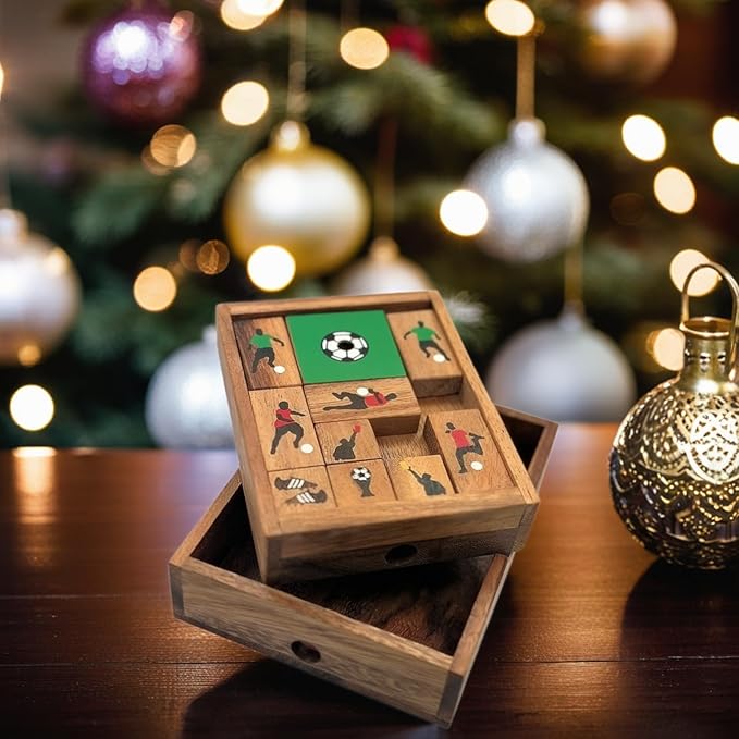 Soccer Field Sliding Block Klotski Brain Teaser Wooden Puzzle Gift Idea for Soccer Game Lovers - IQ Travel Play Game