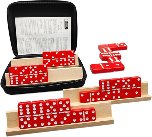 Dominoes Set for Adults with 4 Wooden Racks/Trays, Double Six Dominoes Travel Set with Portable Case Double 6 Dominoes Set with 4 Tiles Holders, 28 Tiles Dominos Set for Family Board Games - Red