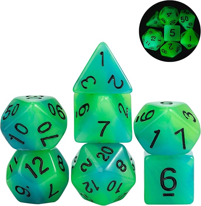 Glow in The Dark DND Dice, 7Pcs Luminous Polyhedral Dice Set with Leather Dice Bag, Glowing D&D Dice for Dungeons and Dragons, RPG, MTG Table Games(Green Blue)