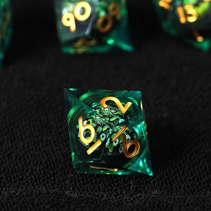 Cthulhu Beholder Polyhedral Resin Dice Set for Dungeons and Dragons Sharp Edge 7 PCS for D&D RPG Starter and Role-Playing Games, with Gift Box (Black-Green)