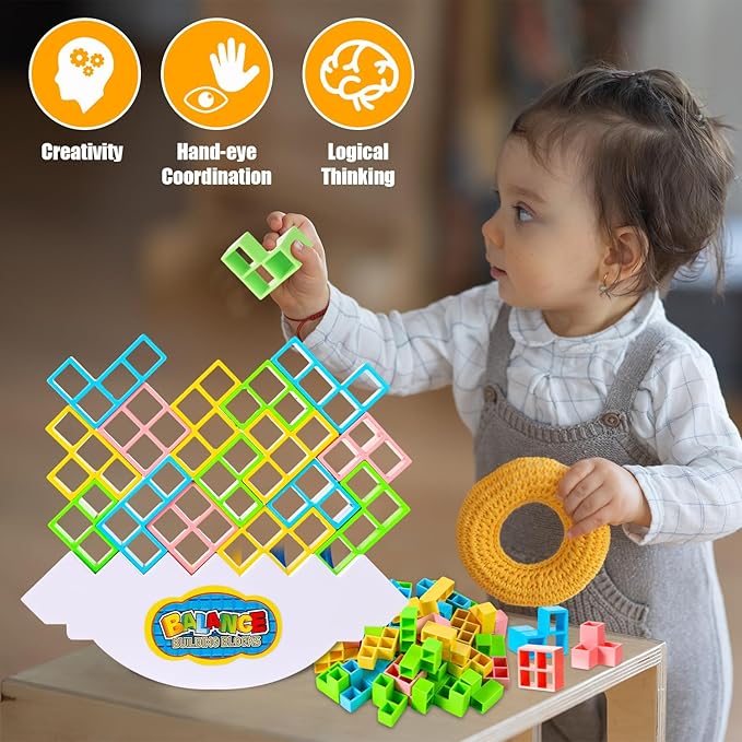 LUTER 48pcs Tower Balance Stacking Blocks Game, Balance Blocks Stacking Game Set Board Games for Kids and Adults Board Games for 2 Players Home Games Parties Travel (Macaron Color)
