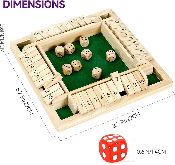 1-4 Players Shut The Box Dice Game, Traditional Wooden Pub Bar Board Game, Family Classics Tabletop Version Games for Classroom, Party, or Pub