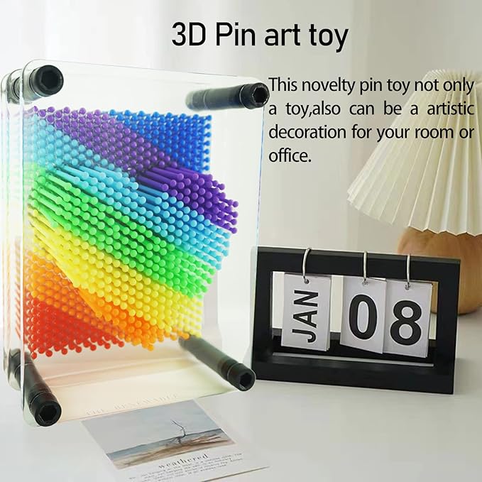 3D Pin Art Sensory Toy Size 5x3.7 Inches Needles Pin Impression Toy Intellectual Fun Rainbow Toys, Transparent