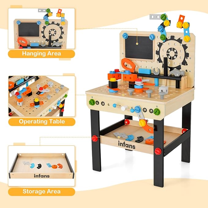 INFANS Tool Bench Set for Toddlers, Kids Wooden Workbench with Blackboard Construction Building Tools and 75 Accessories, Creative Realistic Pretend Play Workshop Gift for Boys Girls