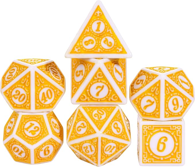 7PCs DND Dice Set, Unique Window Lattice Pattern D&D Dice Set with Leather Die Bag, Polyhedral Die for Dungeons and Dragons, RPG Table Games (Yellow/White)