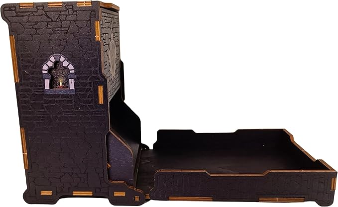 FOXBITE Dice Tower for Dungeons and Dragons Tower with Tray Wood Laser Etched DND Portable and Collapsible Dice Roller Perfect for Board Game and Tabletop RPG, Natural Wood Carved and Printed 5e
