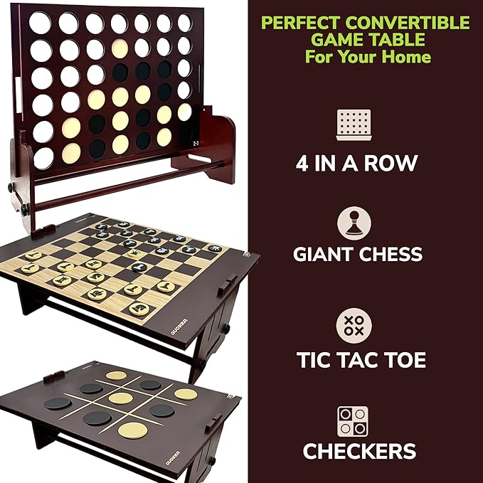 QUOKKA Giant Brown Four in a Row Connect Outdoor Game 4-in-1 SUPERSET - Wooden Jumbo Yard Game for Adults | Backyard Family Party | Big Chess & Checkers | Wooden Tic Tac Toe | All Weather
