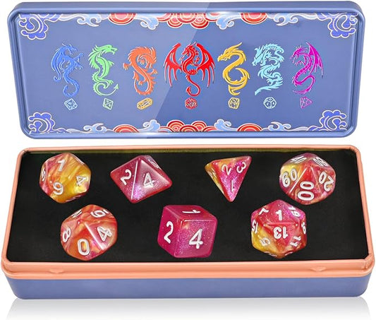 DND Dice Set with Dragon Totem Metal Gife Case, Dungeons and Dragons Dice Set,Polyhedral Dice Set Filled with Shiny Glitters,Role Playing Games and Tabletop Games (Pink&Yellow)
