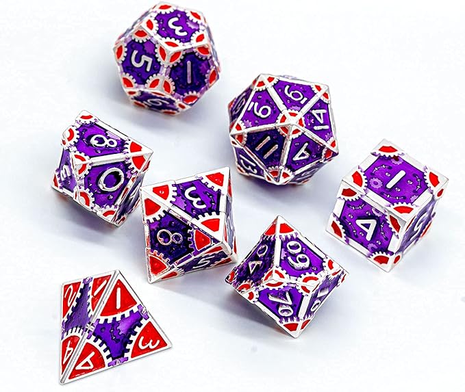 UDIXI Steampunk Style Metal Dice Set 7 Die Polyhedral DND Dice Set D&D Dice for Dungeons and Dragons Role Playing Game and Math Teaching (Silver-Purple Red)