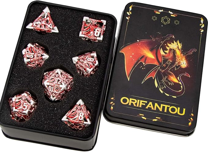 Hollow DND Dice Set Metal Wizard Dice with Box, 7pcs Red Polyhedral D and D Dice for use with D&D RPG Tabletop Games Role Playing Game