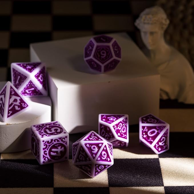 7-Die DND Dice Set New Pattern Polyhedral Dice Set with Leather Bag D&D Dice Set for Dungeons and Dragons RPG MTG Table Games(White Purple)