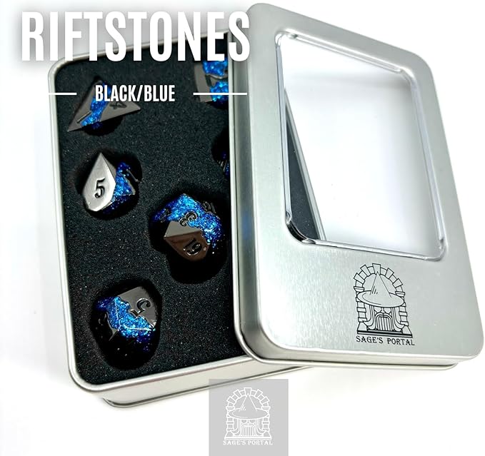 Sage's Portal Metal Riftstone DND Dice 7-PC Polyhedral Dice Set for DND TTRPG Dungeons and Dragons Pathfinder Oversized Designer Dice (Gloss Black/Blue)