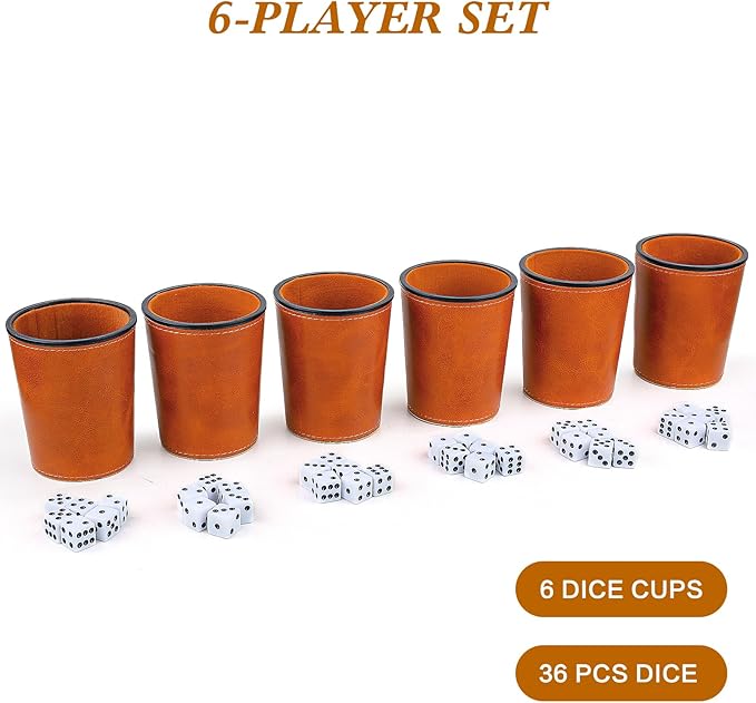 Felt-Lined PU Leather Dice Cup Set, 6 Quiet Dice Shaker Cups with 36 Dices for Bar Party Yahtzee Farkle Games, Brown
