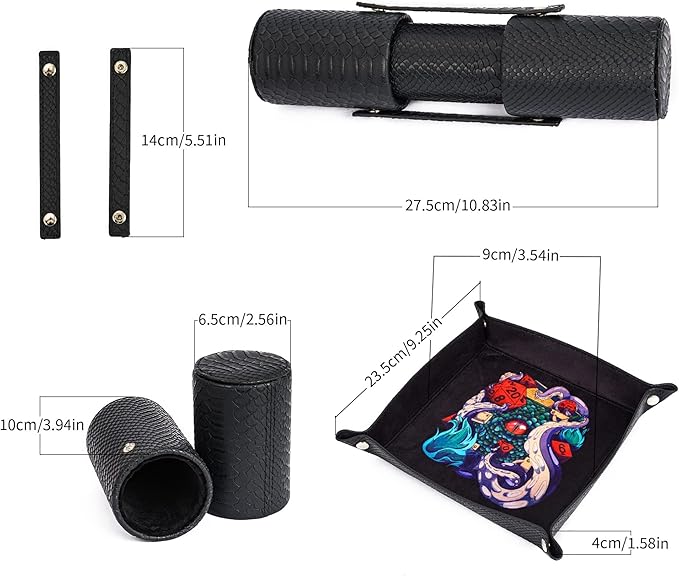 3 in 1 DND Dice Tray with Two Dice Cup Set, PU Leather Portable Folding Dice Rolling Tray for RPG Board Games and Pub Party Games