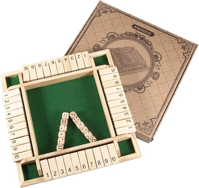 AMEROUS 12 Inches Shut The Box Family Game (1-4 Players), 4 Sided Large Wooden Number Dice Board Game with 12 Dices and Shut The Box Rules for Kids, Adults