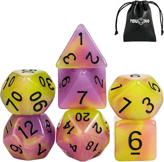 Glow in The Dark DND Dice, 7Pcs Luminous Polyhedral Dice Set with Leather Dice Bag, Glowing D&D Dice for Dungeons and Dragons, RPG, MTG Table Games(Purple Yellow)