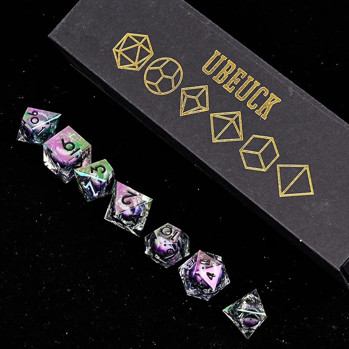 Electroplated Resin Dice Set, Resin Edge Sharp for Dungeons & Dragons RPG, MTG Board Games with Gift Box(Electroplating Purple White Longan)