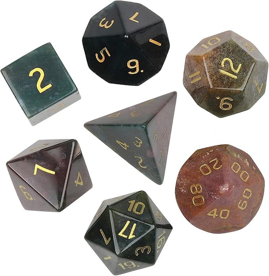 TUMBEELLUWA Engraved Crystal Stone Polyhedral Dice Set for RPG MTG Dungeons and Dragons Table Game 7 Pieces DND Board Game Dices with Pouch, Indian Agate