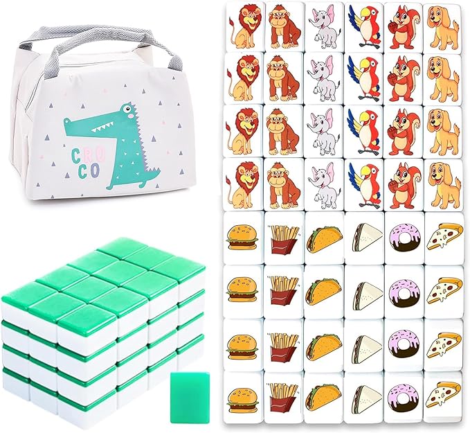 Seaside Escape Game Blocks, Mahjong Tile Game Sets with 49 Tiles 38mm Pet and Food Pattern with Grey Bag.