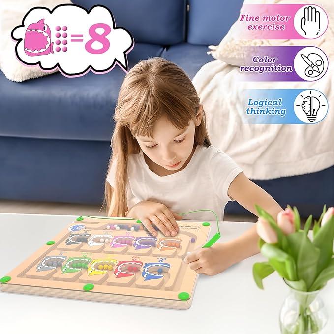 Magnetic Color & Number Maze, Montessori Counting Matching Toys, Wooden Magnet Maze Board Game Toys, Montessori Fine Motor Skills GIFS for 3 4 5 Years Old Preschool Learning Activities