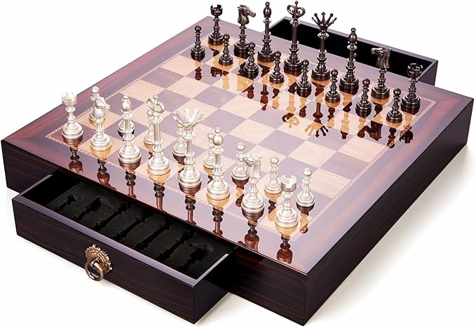 AMEROUS 20 Inches Wooden Chess Set with Metal Chess Pieces- 4.5'' King - 2 Built-in Storage Drawers - Gift Packaging,Tournament Chess Board Games for Adults and Kids