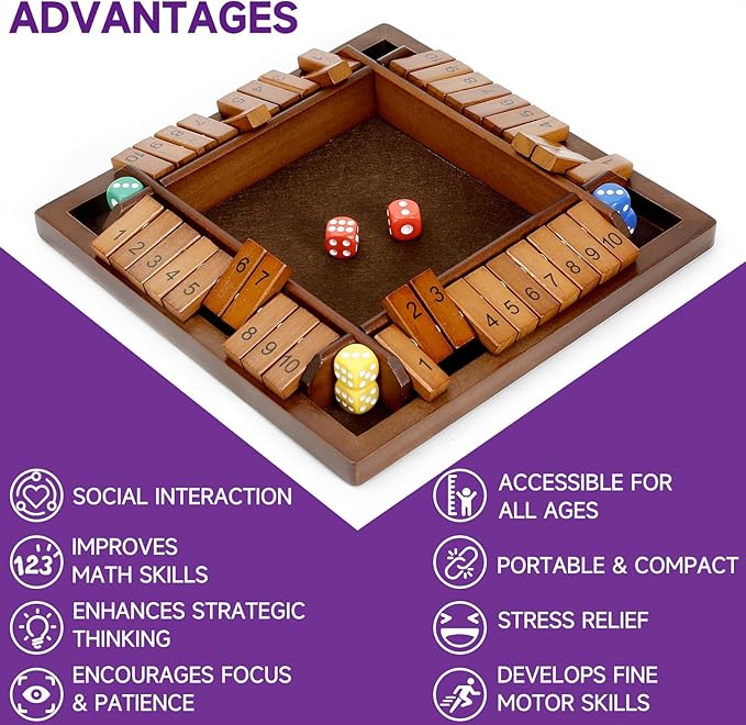 Shut The Box Dice Game, 10 Numbers Traditional Wooden Pub Bar Board Game, Family Classics Tabletop Version Games for Classroom, Party, or Pub