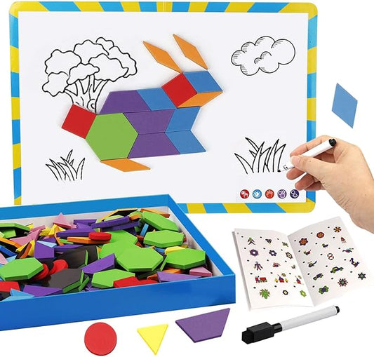 Vanmor 216PCS Magnetic Pattern Blocks Set Complete with 298 Pattern Book Magnet Board Magnetic Shapes for Kids Educational Montessori Tangram Toy for Children Aged 3 8 Portable Travel Game